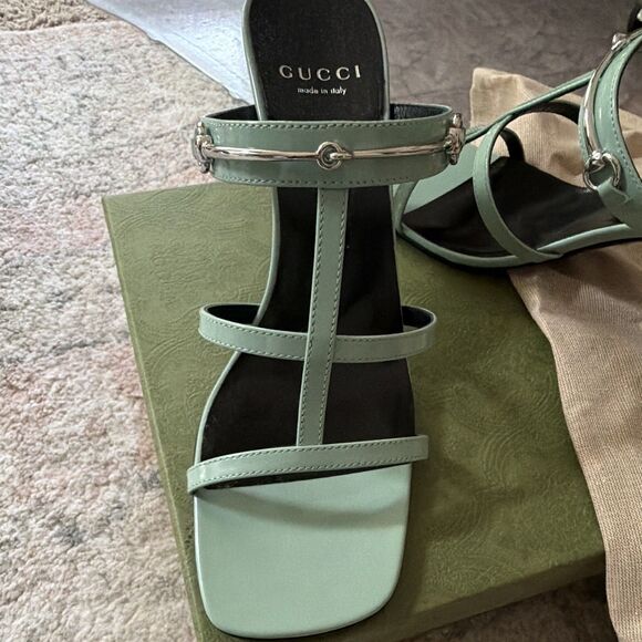 Gucci Shoes - Auth Gucci Regent Slim Horsebit Mint Sage Green Leather Mule Sandals Heel 38 Box